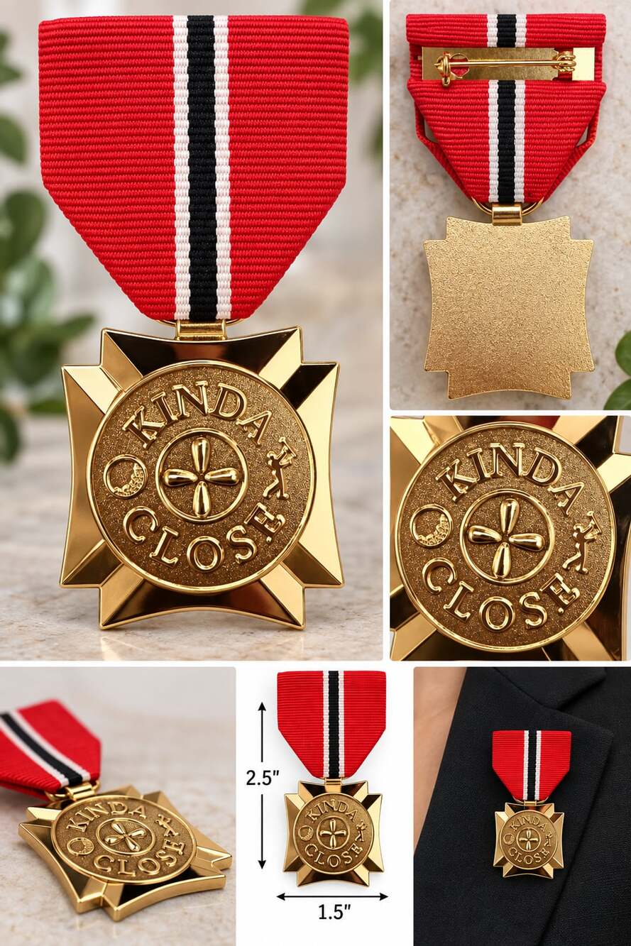 Kinda Close Novelty Gold Tone Medal Pin Ribbon